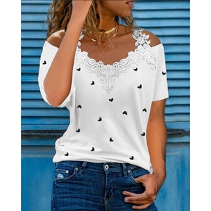 Maglietta da donna <span class=keywords><strong>con</strong></span> stampa cuore a spalla 2025 <span class=keywords><strong>camicetta</strong></span> estiva in pizzo in cotone <span class=keywords><strong>con</strong></span> Applique floreale per abbigliamento Casual da vacanza - Product Image 3