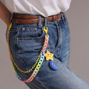 Chaîne de pantalon en acrylique Yueli avec pendentif étoile et lune, double anneau, chaîne de taille unisexe, accessoire de mode hip-hop pour usage quotidien - Product Image 1