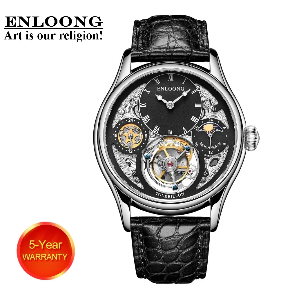 2020 ENLOONG Real Luxury Skeleton Fliegen Tourbillon Uhren mit GMT Mechanische Armbanduhr Männer Blau OEM Uhr Titan