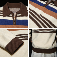 Pull en laine mohair premium pour homme, style vintage, rayé, tricoté, texture duveteuse, col polo, demi-zip, streetwear