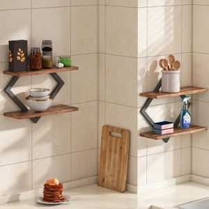 Étagères murales en bois minimalistes SENYU avec cadre métallique, design polygonal à double niveau pour le rangement dans le salon - Product Image 6