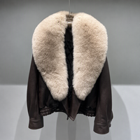 Manteau d'hiver court et chaud pour femme avec col en fourrure de renard, en cuir d'agneau véritable marron, style motard