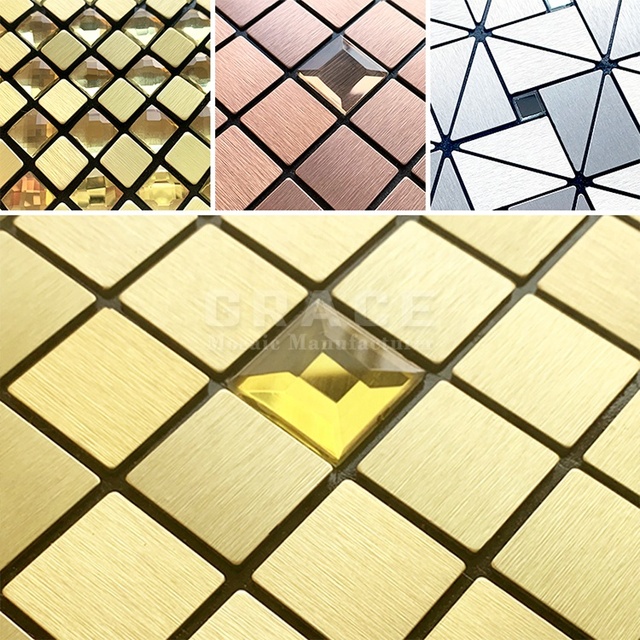 Chinese Easy DIY Self Adhesive Aluminum-Plastic Gold Diamond Surface Metallic Mosaic Tile Metal Mosaic Backsplash Glass Tiles