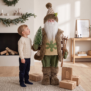 Green Snowflake Knit Santa Claus Doll Woodland Noel Figure with Wooden Sled for Cabin <b>Xmas</b> Decor - Product Image 1