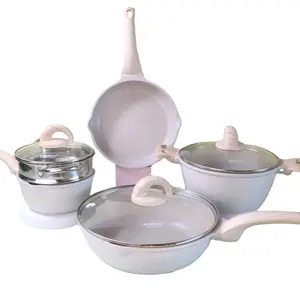 8 pcs Beige Granite non stick induction die cast aluminium cookware sets with cover or lid and wooden handle without oil