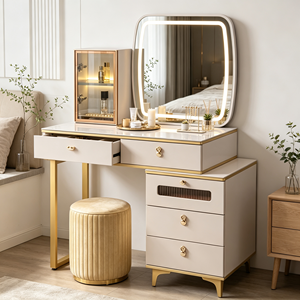 Modern Makeup <b>Vanity</b> With <b>Lighted</b> Mirror Storage Drawers And Cabinet Bedroom Dressing Table With Stool - Product Image 1