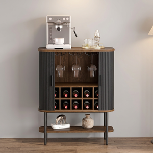 Meuble Bar Moderne en Bois pour Café et Vin avec Portes Coulissantes, Porte-Bouteilles en Verre et Étagère de Rangement, Design Oval - Product Image 2