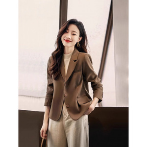 Women's Brown Blazer Solid Color Worsted Fabric Professional Top Petite Style With <b>Pocket</b> - Product Image 4