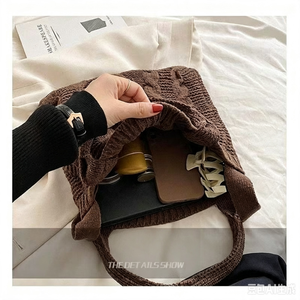 Bolso Bandolera de Punto Trenzado Marrón, Bolso de Hombro de Ganchillo, Bolso Tote Casual Vintage para Compras Diarias - Product Image 5