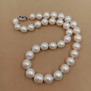 Knot Necklace 9-12 Mm Big Round Nature Freshwater Pearl Choker Necklace Nice Heart CLASP For Women Knotted Beads
