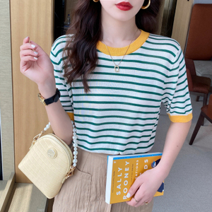 Suéteres Casuales de <span class=keywords><strong>Punto</strong></span> a Rayas para <span class=keywords><strong>Mujer</strong></span>, Moda de Verano, <span class=keywords><strong>Manga</strong></span> <span class=keywords><strong>Corta</strong></span>, Holgados, Venta al Por Mayor - Product Image 4