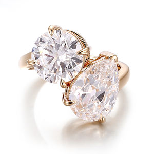 Bague de fiançailles en or massif 18K 14K avec deux pierres, diamant de laboratoire IGl pear VVS, bijoux personnalisés, bague de mariage de luxe pour femme - Product Image 2