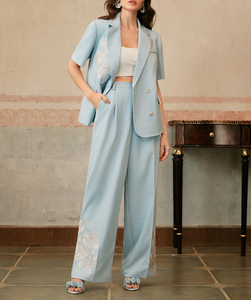 Abrigo de Negocios para Mujer, <span class=keywords><strong>Azul</strong></span> <span class=keywords><strong>Claro</strong></span>, con Bordado Floral, Manga Corta, Doble Botonadura, Solapa con Muescas, Formal, de Oficina, Casual - Product Image 4