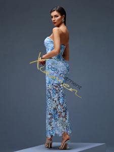 MF Bling Elegant tail Evening Ladys Clothing Sexy Off the Shoulder Sequin Mesh Floral Blue Long Casual Dresses - Product Image 5