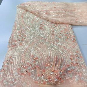 Tissu de robe de cérémonie haut de gamme, tissu brodé de sequins haute densité pour robe de mariée, tissu brodé de perles multicolores. - Product Image 2