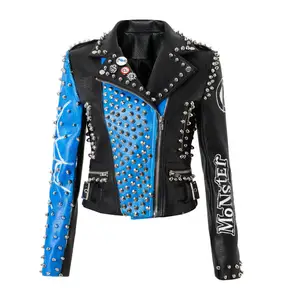 Punk Street Style Graffiti Printed Heavy Metal Studded Rivets blouson Pu Leather Women Biker Jackets With Broche