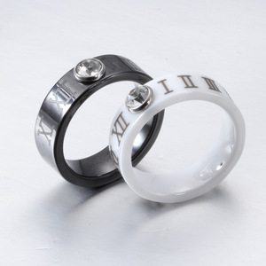 Ceramic Roman Numeral <b>Ring</b> 6mm Women's Zircon Diamond Bezel Setting Fashion <b>Couple</b> <b>Ring</b> White And Black - Product Image 5