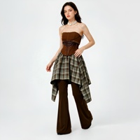 Ensemble corset marron personnalisé D&M pour femme, haut bustier à lacets et peplum échancré à carreaux avec pantalon évasé, style vintage punk, 2 pièces, OEM, faible MOQ