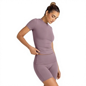 Customized Women Yoga Set Quick Dry Seamless Gym <b>Workout</b> Outfit Short Sleeve Top High Waist Biker Shorts Activewear Set - Product Image 4