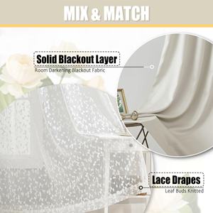 Rideaux occultants Bindi de luxe <span class=keywords><strong>beige</strong></span> <span class=keywords><strong>et</strong></span> <span class=keywords><strong>blanc</strong></span>, double couche, absorbants le son, 100 % polyester, unis, avec dentelle transparente en forme de feuille - Product Image 4