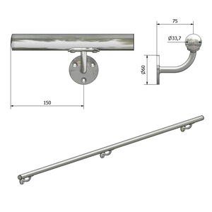 P110200-T1-33 <b>Wall</b> Handrail Ø 33.7 Inox AISI 304 Satin Finish Type 1 with 2 Supports 1.00 Mt Length for <b>Railings</b> Staircases - Product Image 2