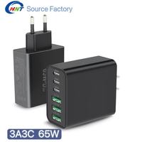 Chargeur mural rapide GaN 65W HNT OEM ODM 3A3C 6 ports multi USB, adaptateur secteur OTP OVP, prise US/UE personnalisée pour ordinateur portable et téléphone portable