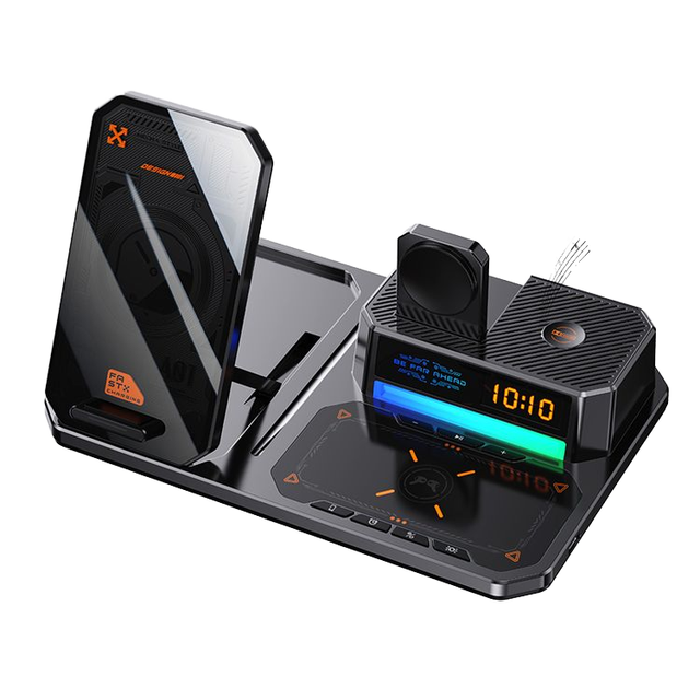 High Quality Multifunctional 6-in-1 Wireless Charger with RGB Ambient Night Light Mobile Phone Stand Holder With Alarm Clock 15W