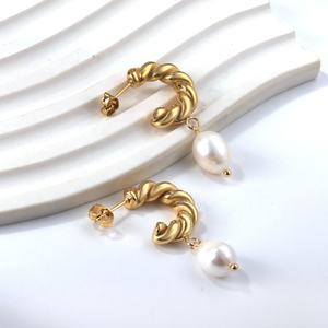 <b>Fashion</b> Jewelry 18k Gold Plated Stainless Steel Drop Pearl Dangle C Shape Twist Gold Plated Stud <b>Hoop</b> <b>Earrings</b> for Women - Product Image 5