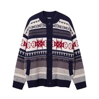 Cardigan unisexe vintage à rayures Fair Isle en jacquard, col rond, boutons sur le devant, tricot ample avec poches