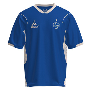 T-shirt Homme Vintage Style Américain à Manches Courtes en Maille Imprimé Numérique HEALY avec Blocs de Couleurs Bleus et Badge Étoile - Product Image 1