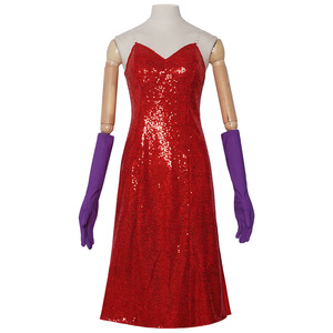 Abito Cosplay di <span class=keywords><strong>Jessica</strong></span> da 'Chi ha accusato Roger Rabbit?' con Spacco Alto, Vestito Rosso con Paillettes e Guanti Viola, Costume per Halloween - Product Image 1
