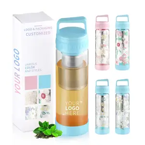 Emode Custom Logo Bpa Vrije Borosilicaat Onbreekbare Dubbele Muur Thee Infuser Motiverende Glazen Waterfles Met Filter