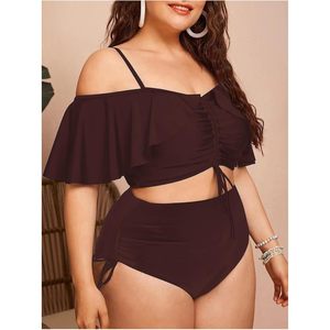 Ensemble tankini deux pièces grande taille pour femme, maillot de bain à épaules dénudées, volants et cordon de serrage, taille haute - Product Image 3