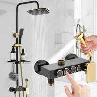 Système de douche thermostatique en céramique et laiton carré, jet de massage, noir or, mitigeur de baignoire, robinet à double poignée, ensemble de douche de salle de bain