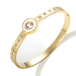 Stainless Steel Waterproof Jewelry Wholesale Supplier 18K PVD Plated Gold Round White Shell Cubic Zircon Bangle