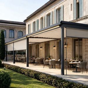 Pérgola bioclimática eléctrica RKOVE con techo de lamas ajustables de aluminio, pantalla enrollable, tira de LED y calefactor para terraza. - Product Image 1