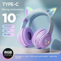 Casque de jeu sans fil Bluetooth pliable avec oreilles de chat mignonnes, microphone, suppression du bruit, couleur dégradée, chipset sportif