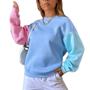 Multicolor Streetwear Women's Fleece Pullover Plain Thick Crew Neck Colorblock Sweatshirt