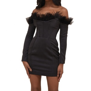 Robe de soirée moulante à manches longues, Corset Sexy de couleur noire avec épaules dénudées, plumes, personnalisée, nouvelle collection - Product Image 1