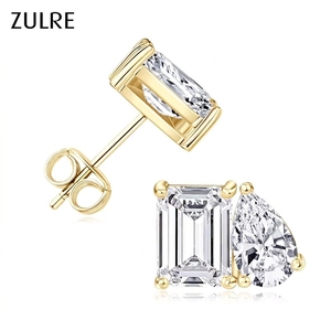 Nouvelles Boucles d'Oreilles en Gros, Émeraude et Zircon Poire, Plaqué Or 14K, Design Géométrique Bicolore, Clous d'Oreilles à Deux Pierres, Cadeau pour Fiançailles - Product Image 1