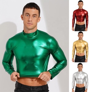 Men Latin Dance Crop <b>Top</b> Metallic Long Sleeve <b>Mock</b> <b>Neck</b> Shiny Liquid Stage Ballroom Festival Costume Custom - Product Image 1
