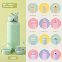Best-seller Bouteille d'eau 1L portable isolée en acier inoxydable de grande capacité pour sports d'extérieur avec trois couvercles