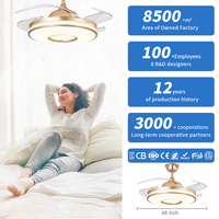 Ventilateur de plafond rétractable de luxe de 48 pouces avec 4 pales invisibles, finition or-noir, lumière LED et télécommande intelligente