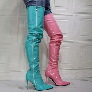 Botas Altas de Mujer de Dos Tonos con Tacón Fino y Punta Puntiaguda, Talla Grande 47, Color Caramelo, con Cremallera Lateral, Botas por Encima de la Rodilla para Damas - Product Image 4