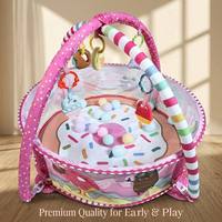 Tapis d'éveil 5-en-1 rose pour bébé, thème friandises, avec anneau de dentition intégré de qualité alimentaire, centre d'activités et fosse à balles rembourrée lavable