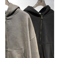 Sudadera con capucha de lana para hombre de algodón 350 Gsm de peso pesado con logotipo personalizado, cremallera completa, ajuste cuadrado, lavado de gran tamaño, recortada, Otoño, estilo informal, con capucha
