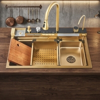 Évier de cuisine intelligent multifonctionnel en acier inoxydable doré PVD, design nid d'abeille, fait main, avec touches de piano