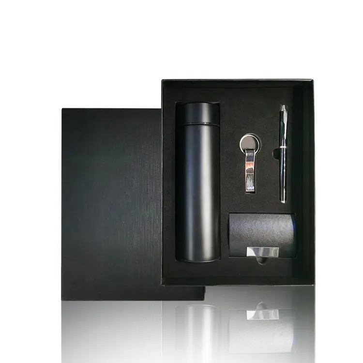 Custom Black 4 Stuk Kantoor Luxe Promotionele Relatiegeschenk Set Voor Klanten Vacuüm Cup + Sleutelhanger + Naam Card houder + Pen