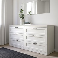 Commode à 6 tiroirs moderne blanche pour chambre à coucher, double coffre de rangement avec poignées métalliques, MOQ élevé