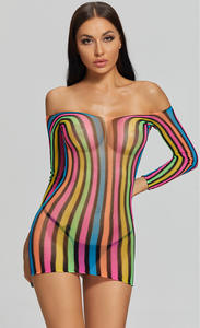 INS arc-en-ciel pyjamas coloré à manches longues hanche Wrap une pièce bas Sexy uniforme tentation robe - Product Image 4